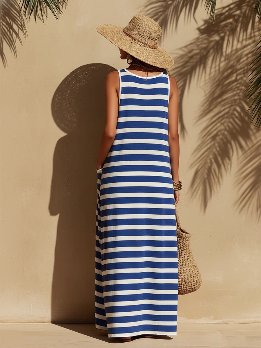 🌊 Blue & White Striped Sleeveless Maxi Dress