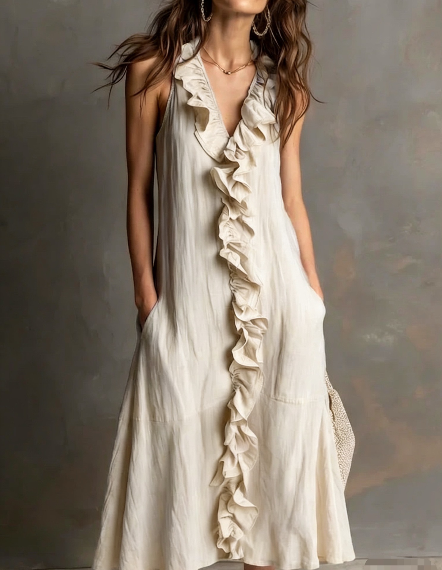 Sleeveless Ruffled Linen Maxi Dress