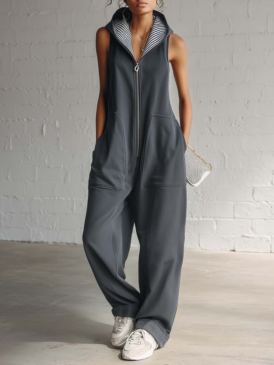 Vintage Nautical Sporty Hooded Sleeveless Front-zip Dark Gray Cotton Jumpsuit