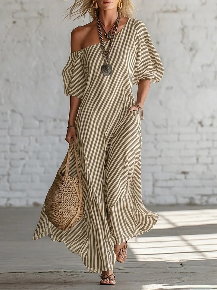 Urban Black Chiffon Striped Print Off Shoulder Maxi Dress