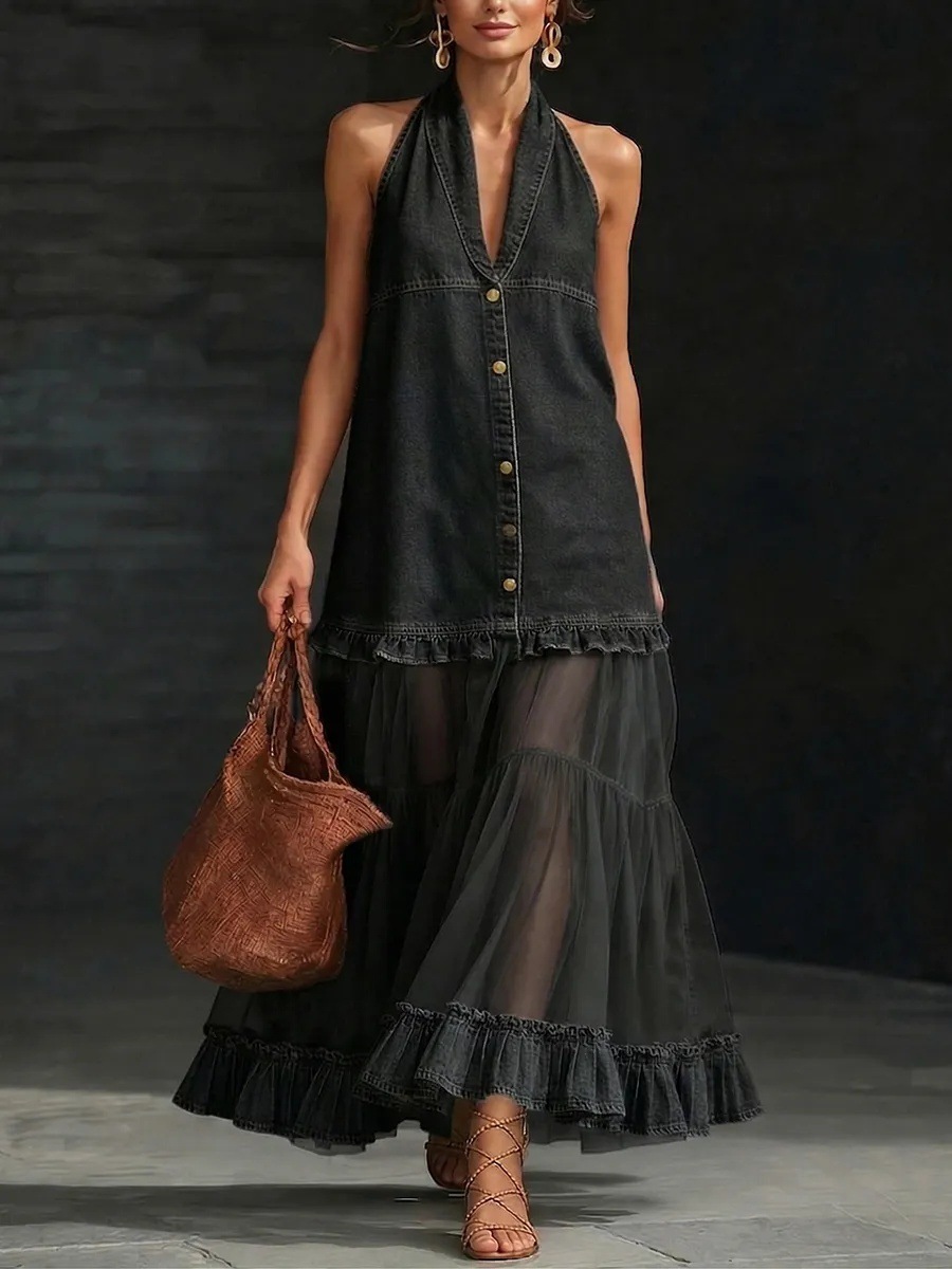 Stylish Elegant Organza Paneled Denim Maxi Dress