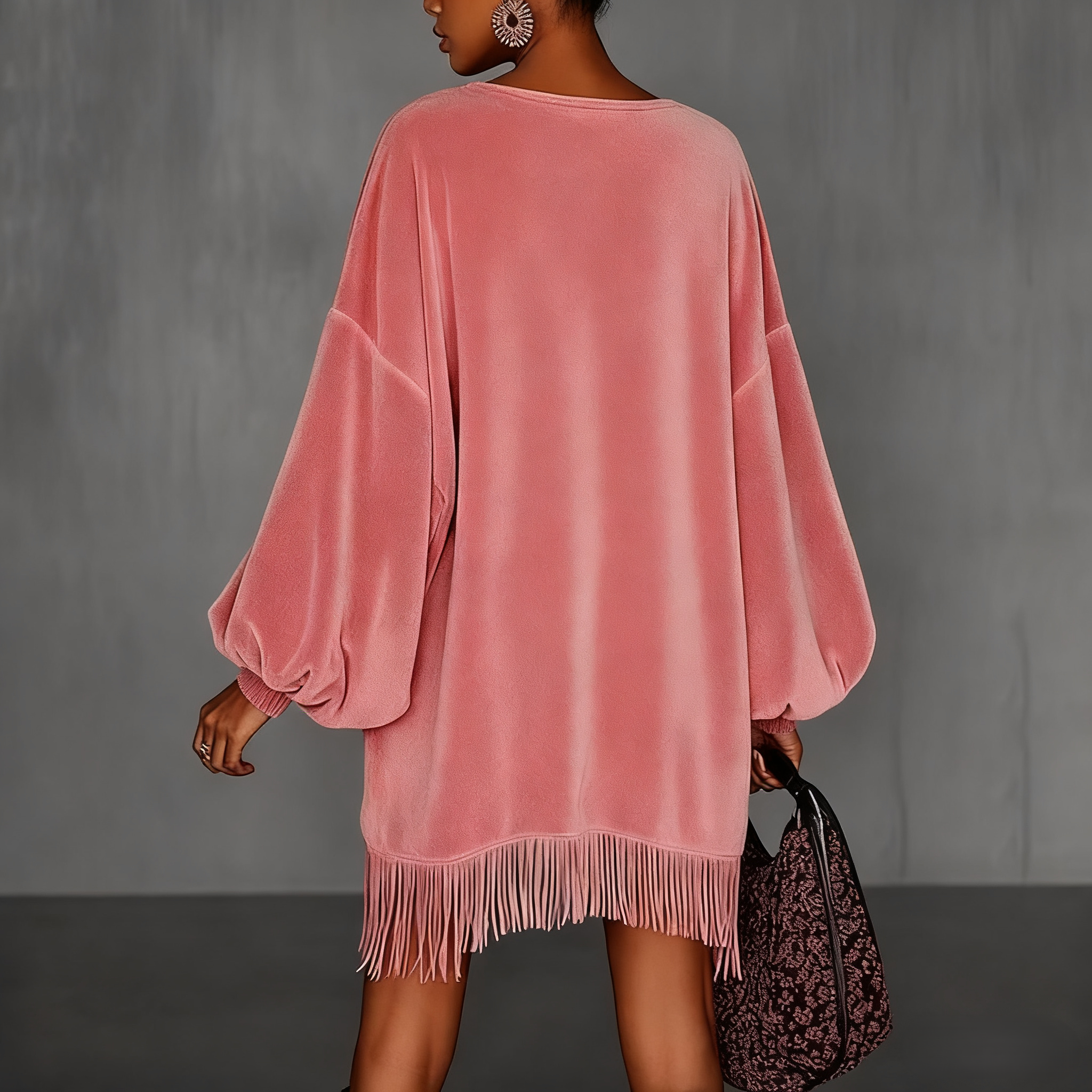 Women's Pink Retro Velvet Stand Collar Fringe Dress