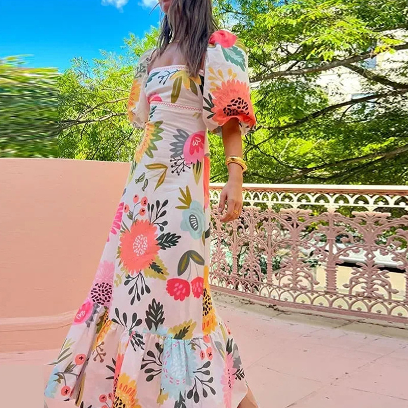 Looking for Sunshine Floral Print Square Neck Bubble Sleeve Maxi Dress