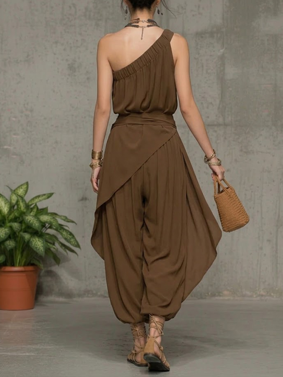 Stylish Casual Linen And Cotton One-shoulder Sleeveless Jumpsuit