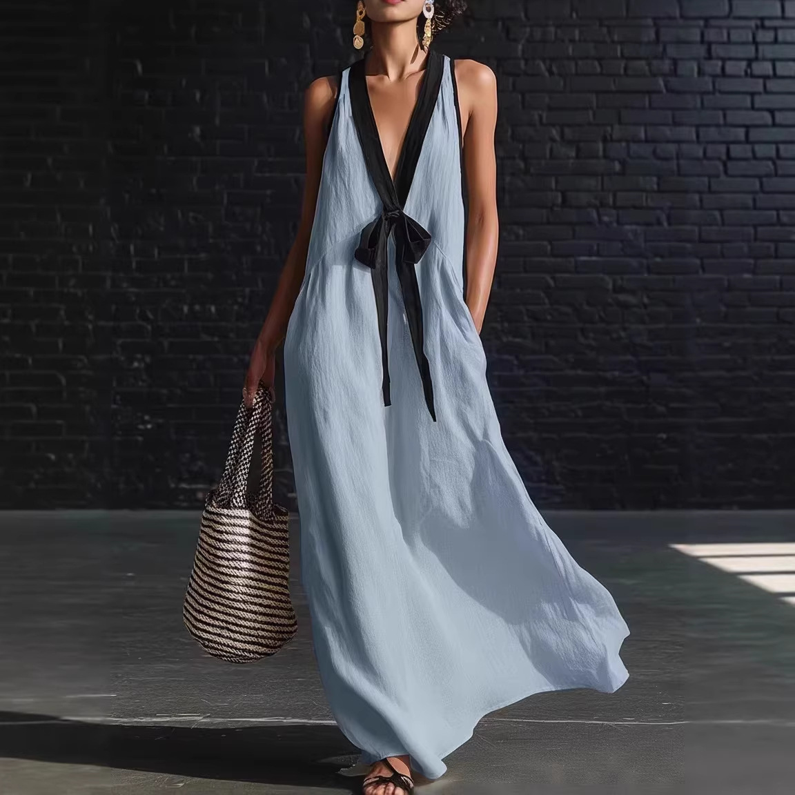 Bohemian Style White And Black Color Blocked Sleeveless V-neck Maxi Dress