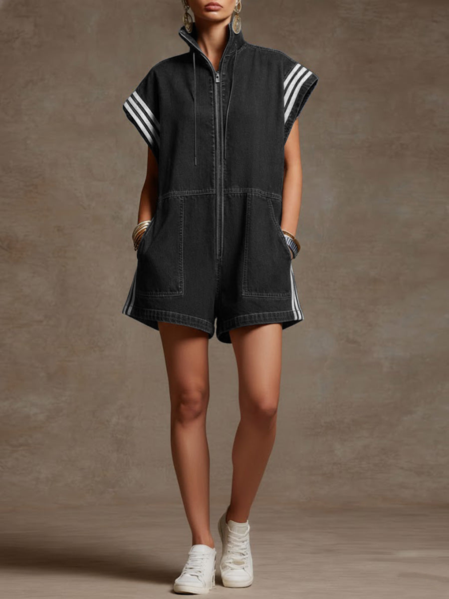 Loose Sleeveless Contrast Color Drawstring Pockets Split-Joint Striped Zipper Stand Collar Rompers