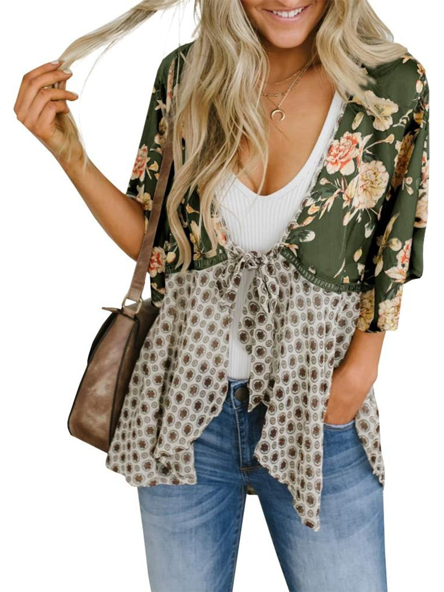 HOT SALE Women's Floral Kimono Ruffle Sleeve Tie Cardigans Flowy Boho Loose Cover Ups