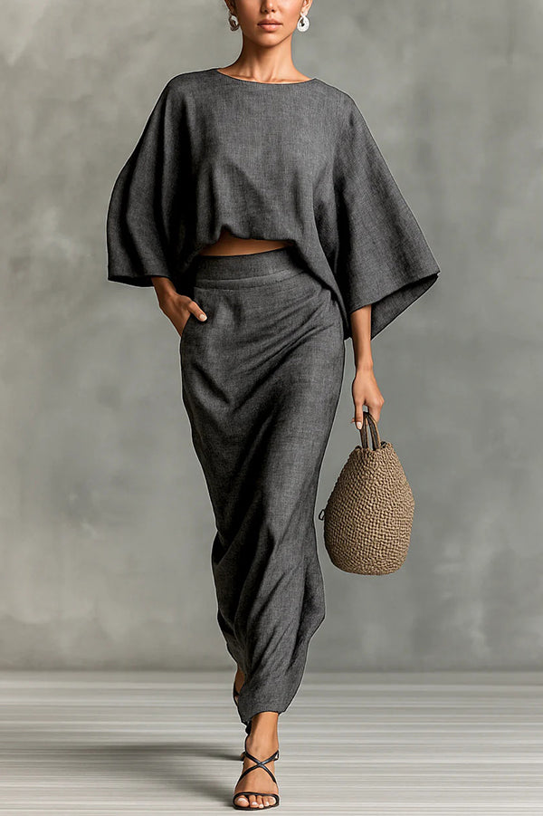 Linen Blend Batwing Sleeve Loose Top and Casual Pocket Maxi Skirt Set