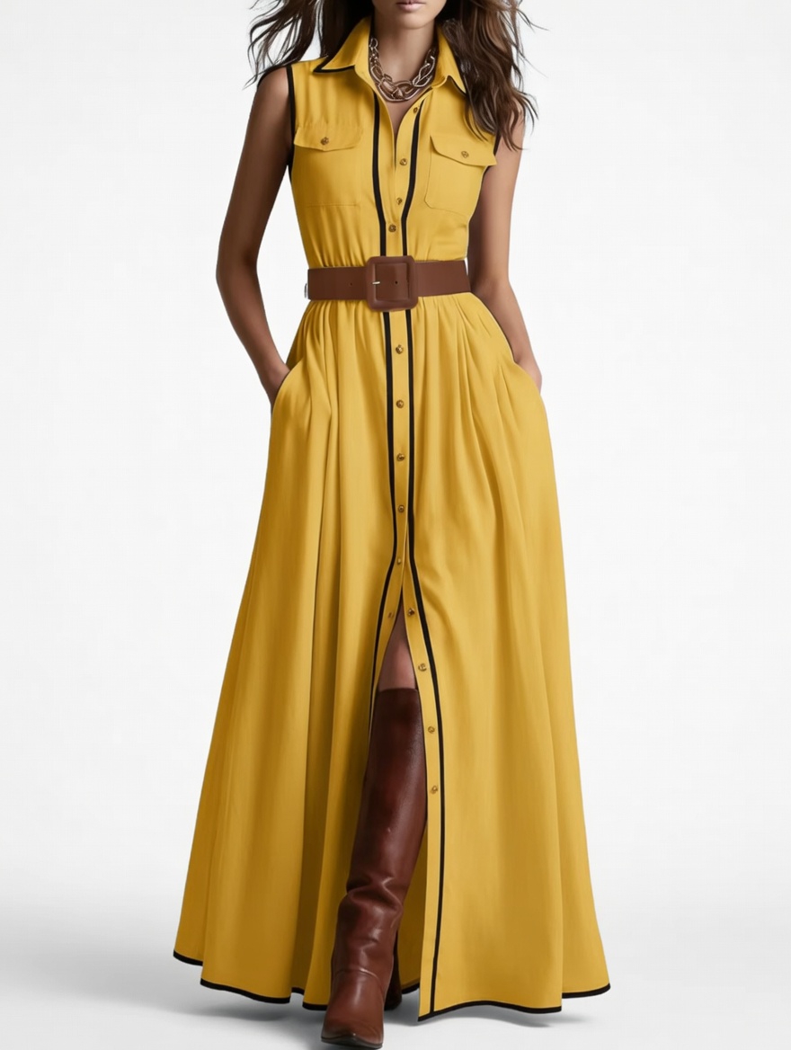 Belted Contrast Piping Maxi Shirt Dress