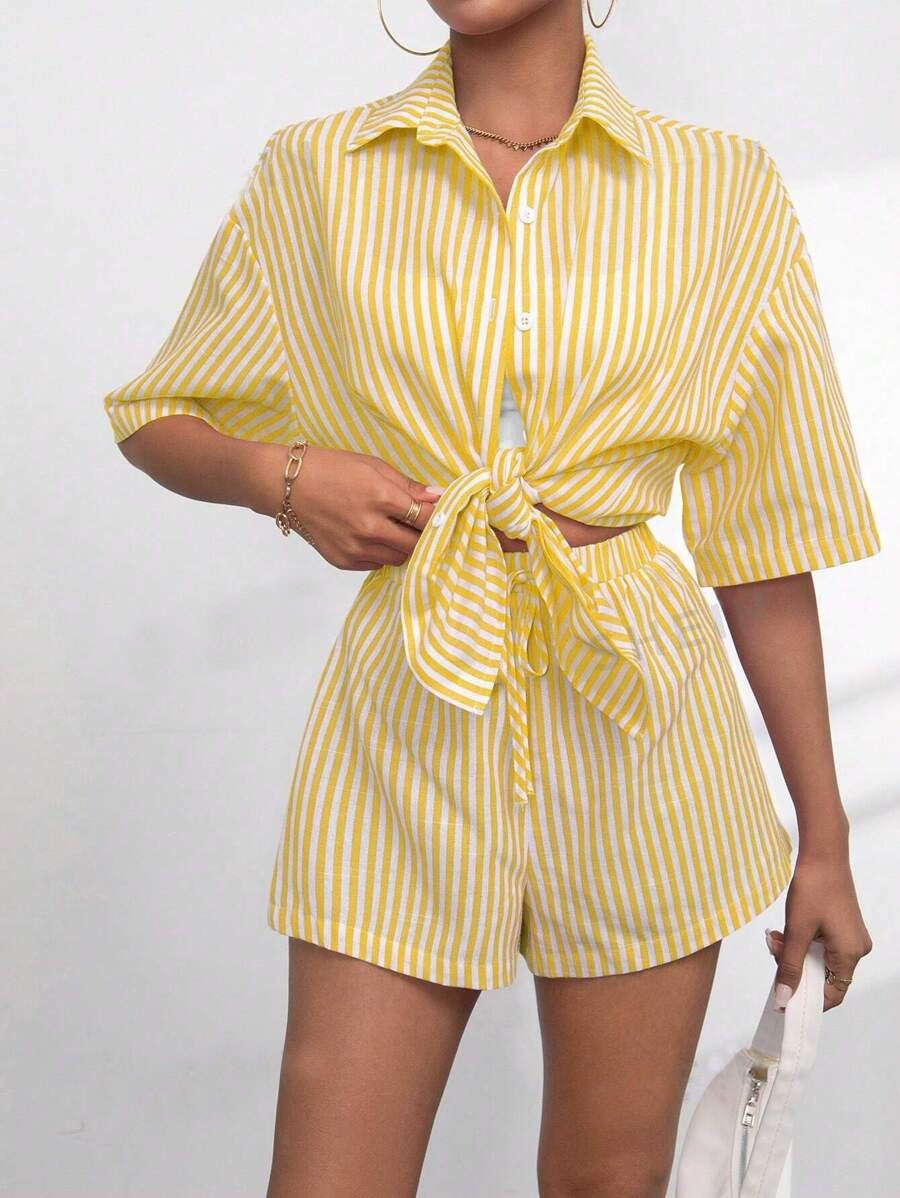 Caitlin Striped Button Up Shirt and Shorts Set