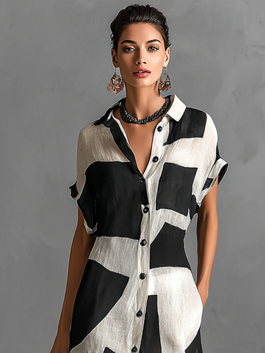 Women's Cotton And Linen Blend Irregular Geometric Print Lapel Single-Breasted Short-Sleeved Maxi Shirt Dress 
