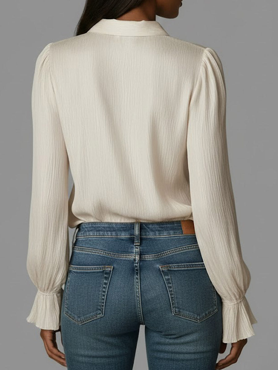 Women's Solid Color V-neck Long-sleeved Casual Loose Cotton Top