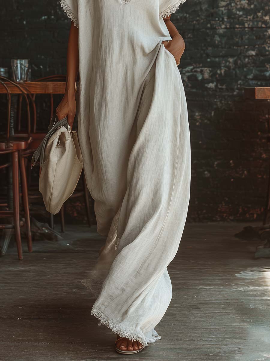 Casual Bohemian Urban V-neck Short-sleeved Lace Trim White Cotton Maxi Dress