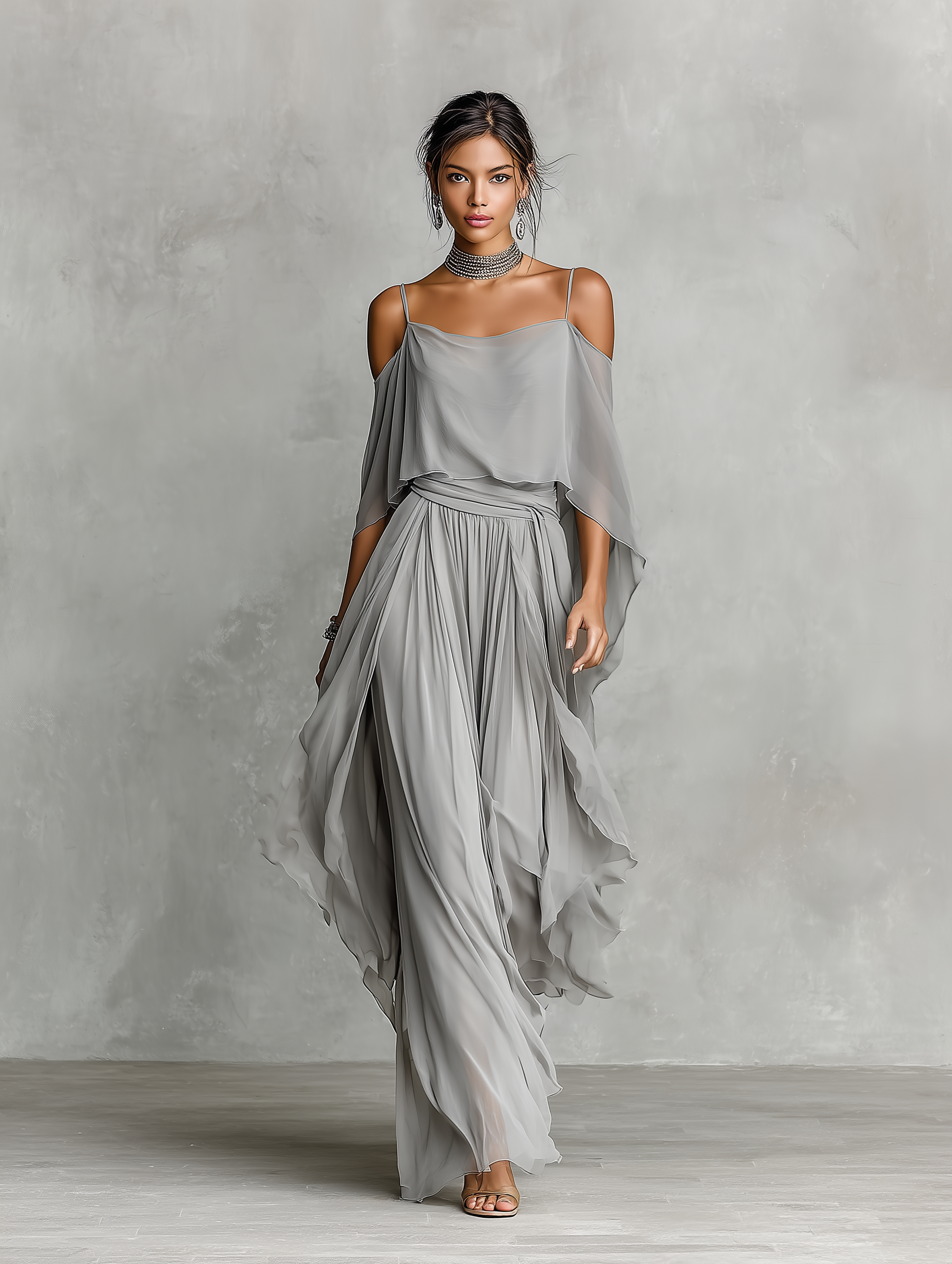 Women's Grey Breathable Chiffon Maxi Dress With Cold-Shoulder Detail & Flared Silhouette,