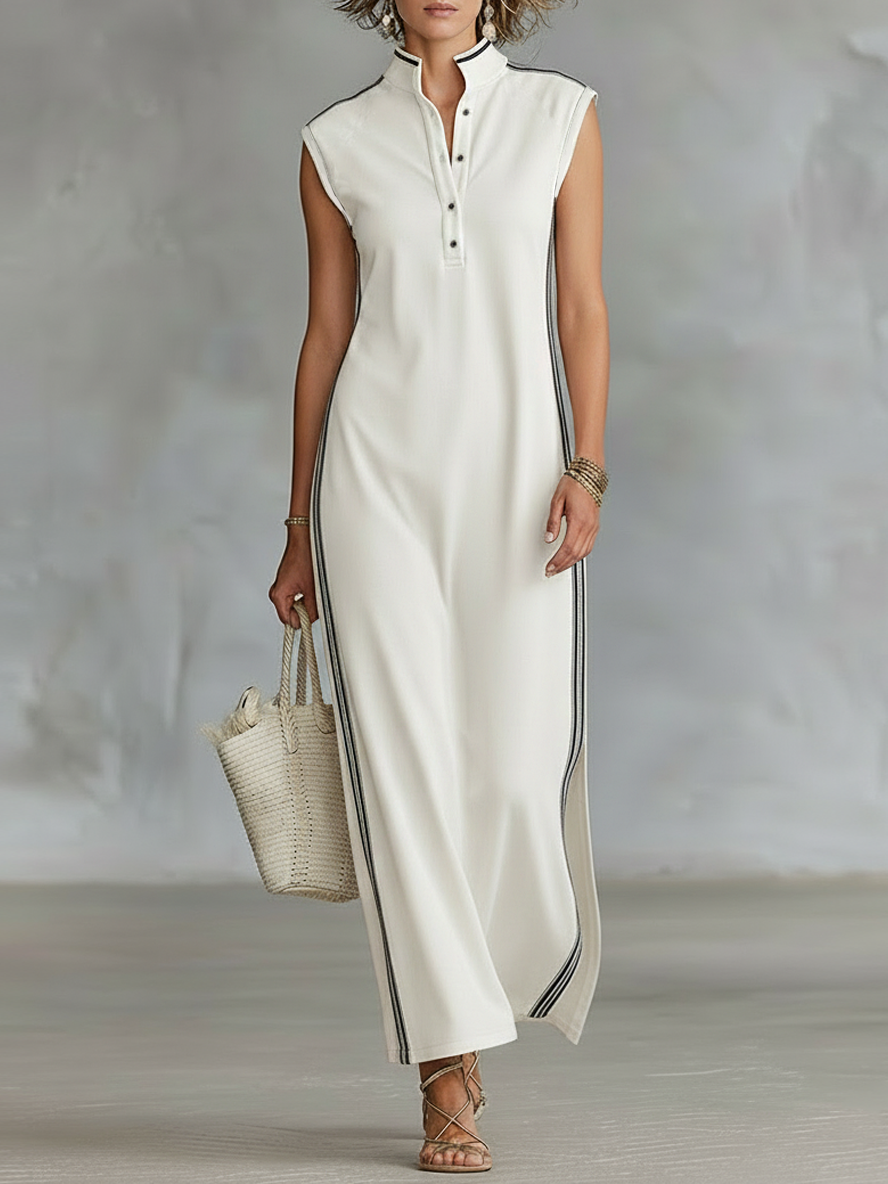 Women's Minimalist Athletic-Style Sleeveless Henley Maxi Dress 