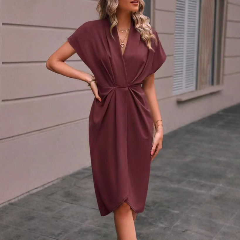 Women's Casual Dress Midi Dress Ruched Date Vacation Streetwear Basic V Neck Short Sleeve Black Pink Dark Green Color