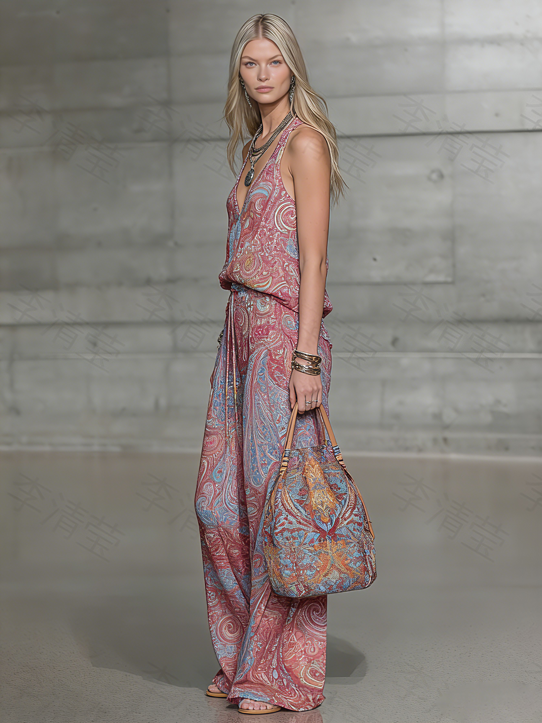 Fashionable And Casual Printed V-neck Sleeveless Chiffon Trouser Set