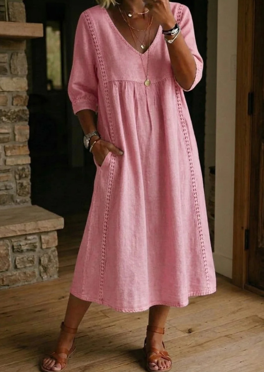 Elegant Linen-Blend V-Neck Midi Dress with Lace Inserts & Pockets | Casual Summer Dress for Women