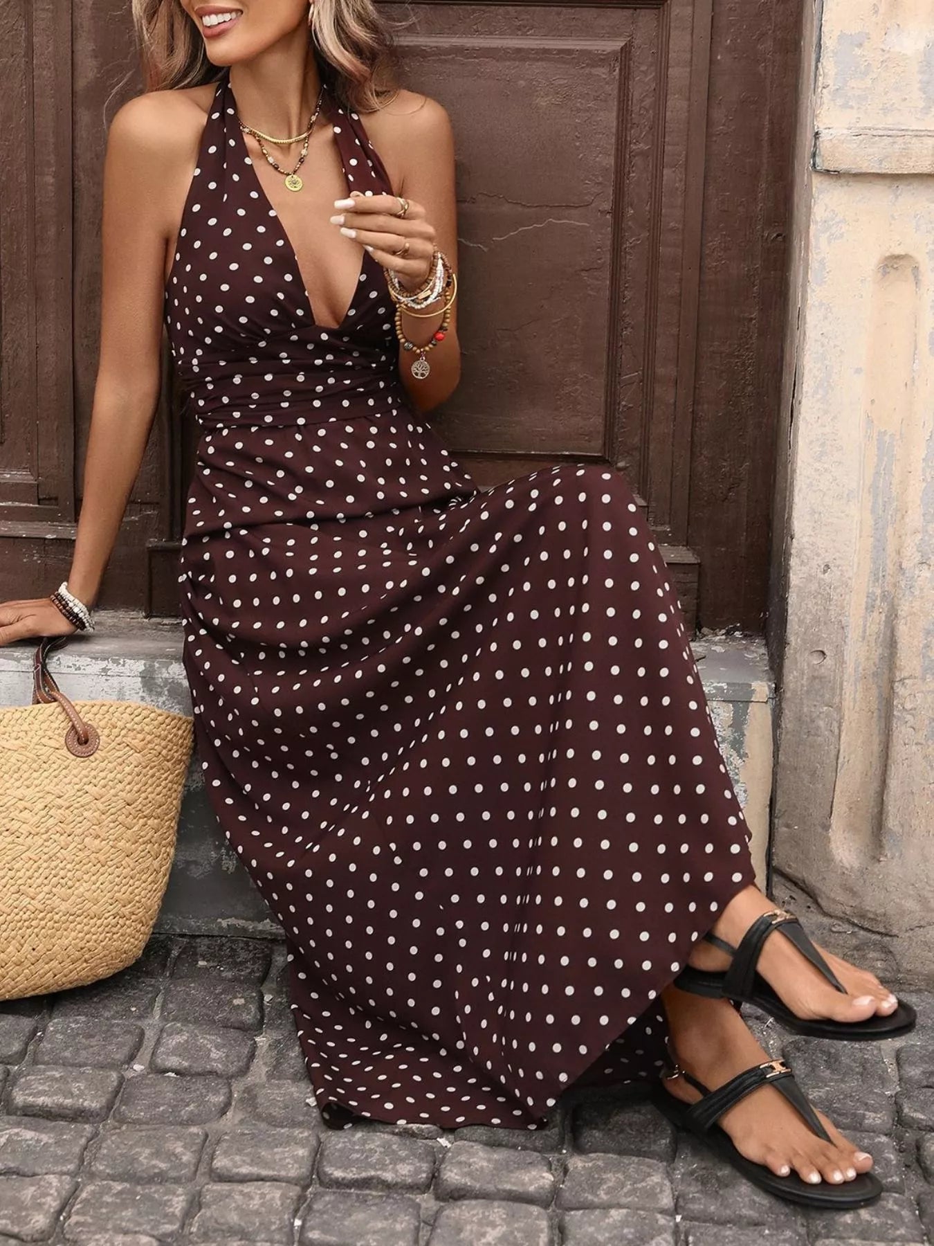Halter Neck Polka Dot Maxi Dress