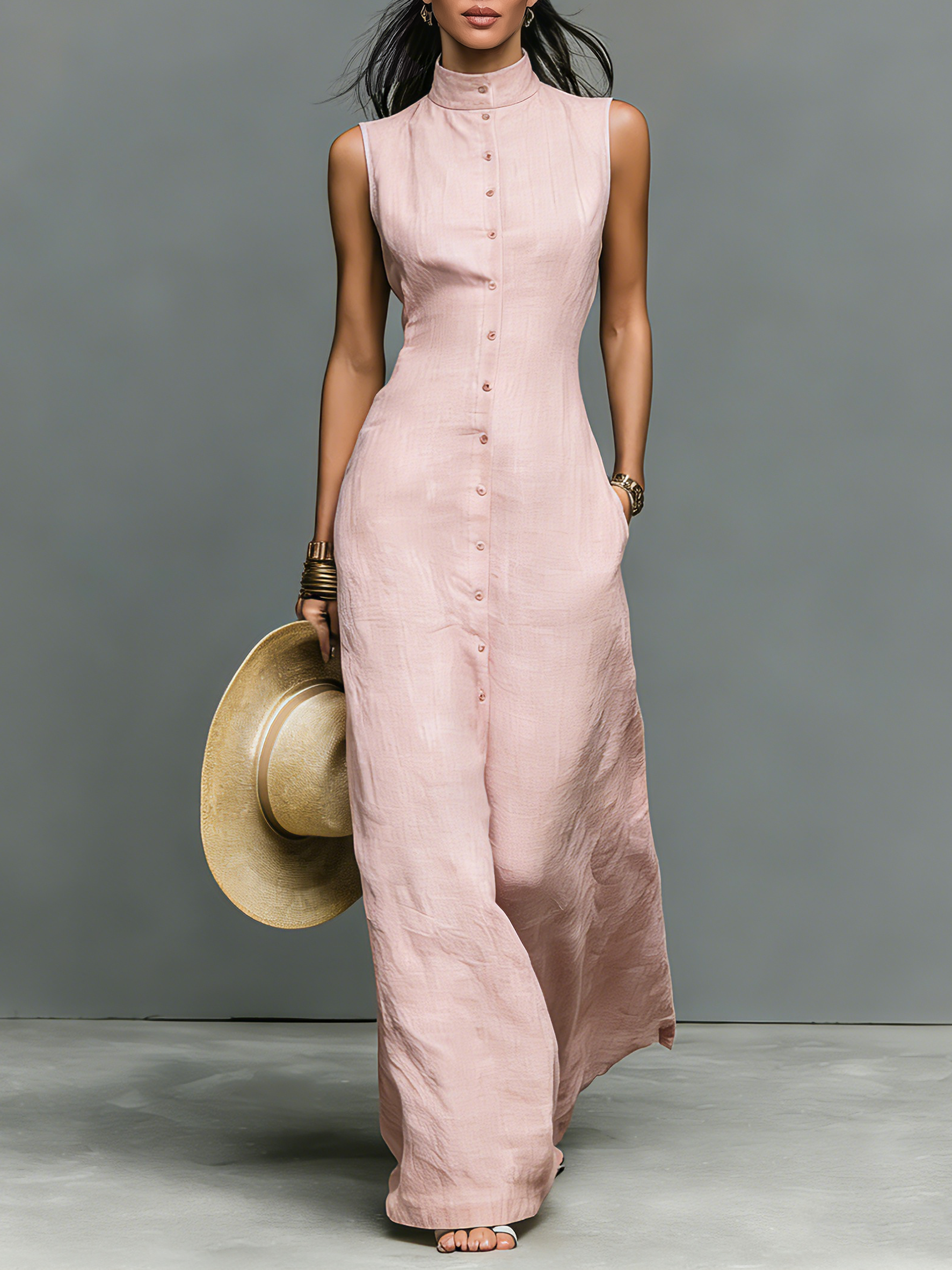 Women's Minimalist Linen-Blend Stand-Collar Single-Breasted Sleeveless Maxi Dress  