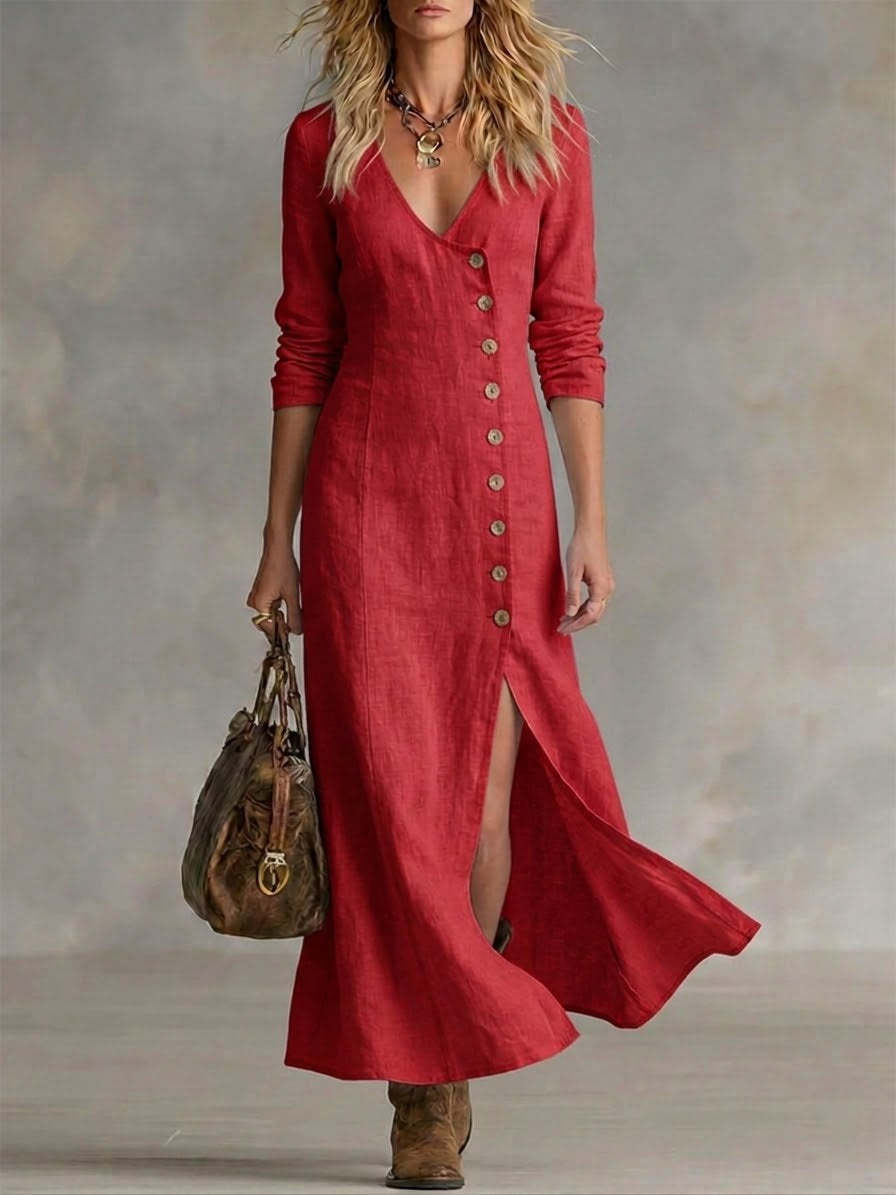  Long Multi-Button Fashion Cotton And Linen Dresses