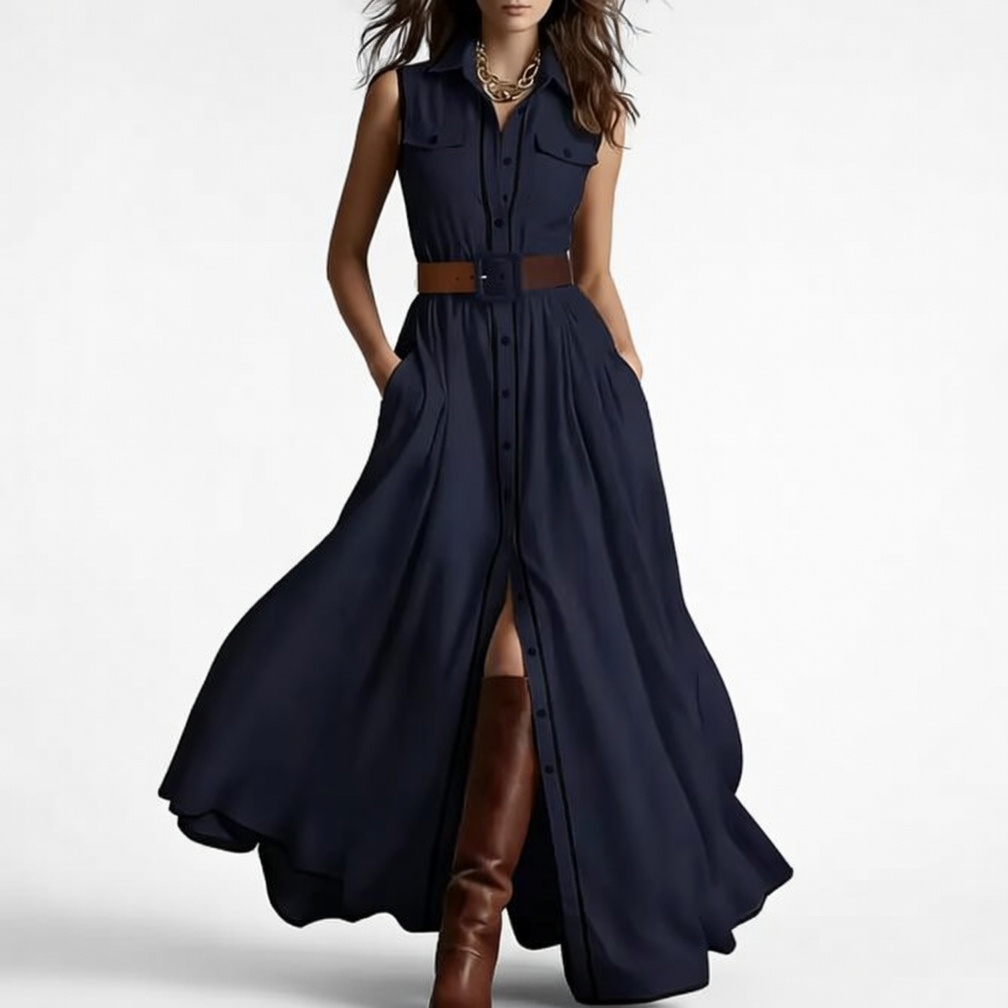 Belted Contrast Piping Maxi Shirt Dress