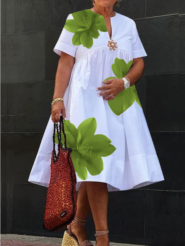 A-Line Loose Flower Print Pleated V-Neck Midi Dresses