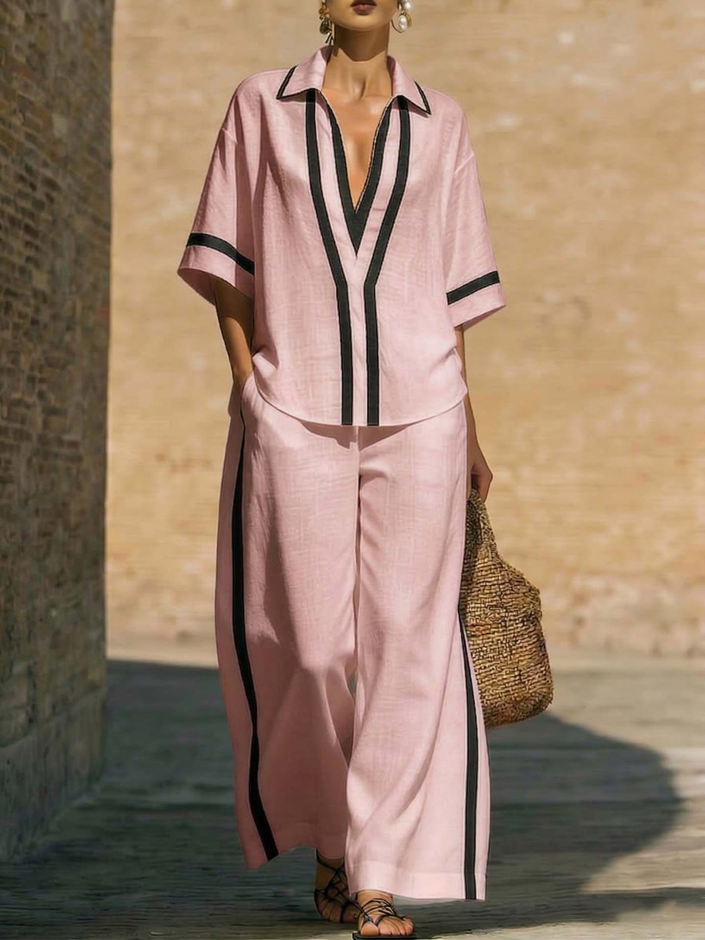 Fashionable Color-Block Two-Piece Set: Casual Short-Sleeve Shirt and Wide-Leg Pants