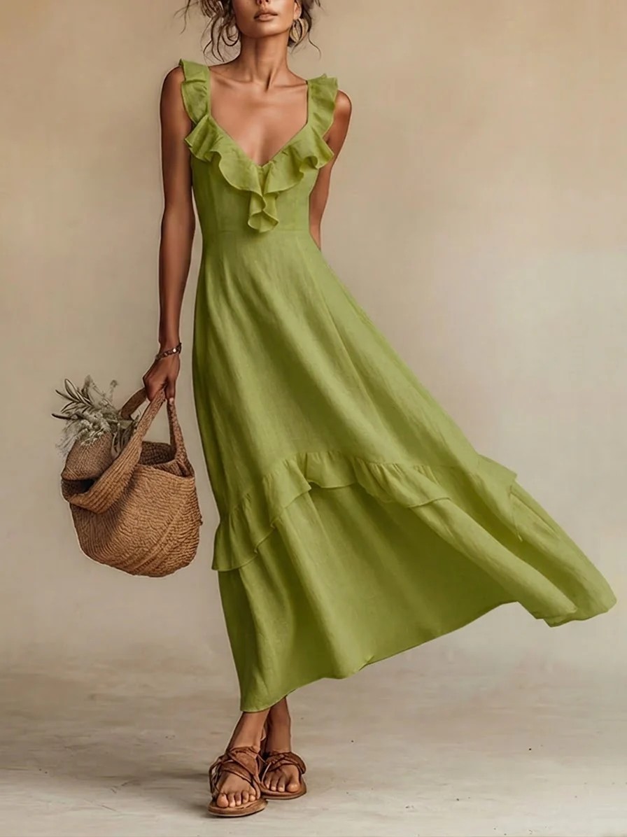 Ruffled Linen Blend Maxi Dress