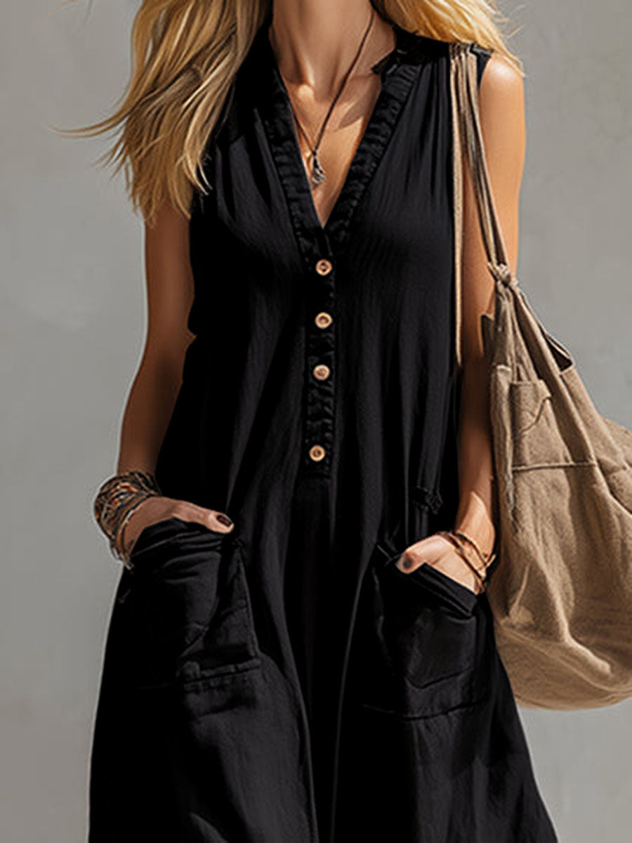 Sleeveless Wide Leg Buttoned Pockets Solid Color V-Neck Jumpsuits
