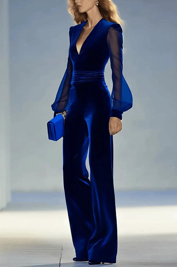 Solid Color Velvet V-neck Long-sleeved Elegant Fitted Jumpsuit