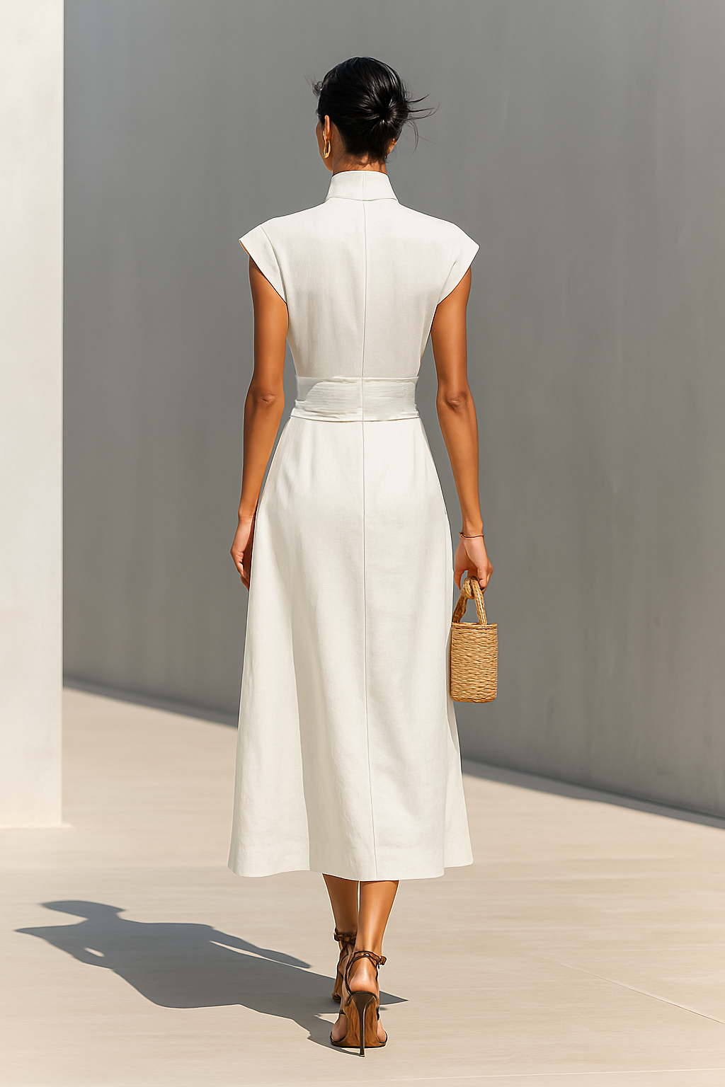 Women's Pure Cotton Lapel Cap Sleeves Waist Maxi Dress 