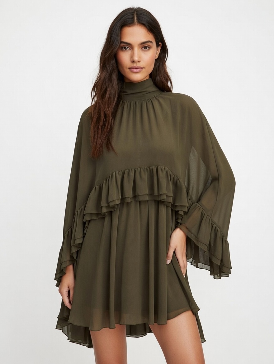 Semi-Sheer Chiffon Ruffle Dress With Outer Cape