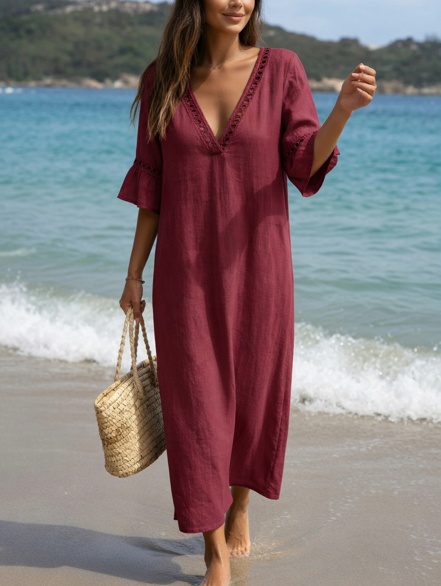Linen Blend V-Neck Midi Dress