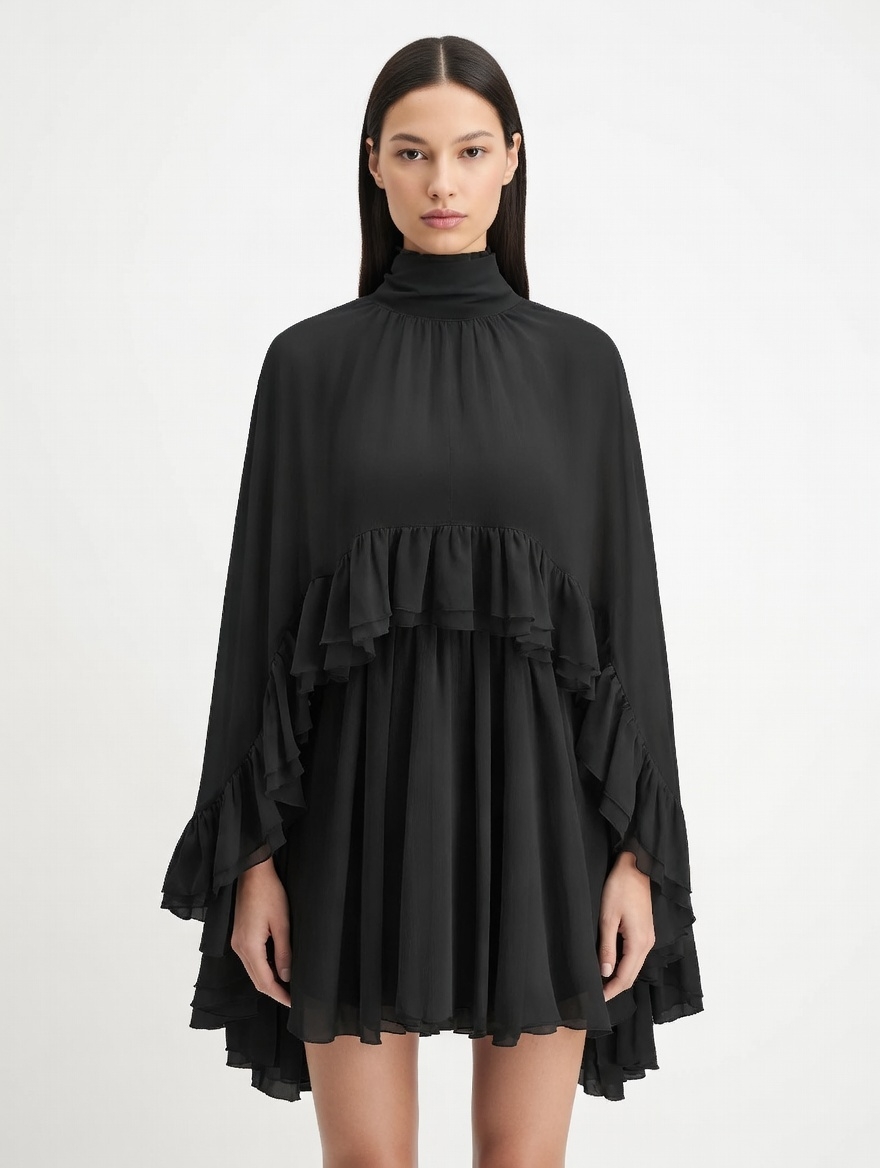 Semi-Sheer Chiffon Ruffle Dress With Outer Cape