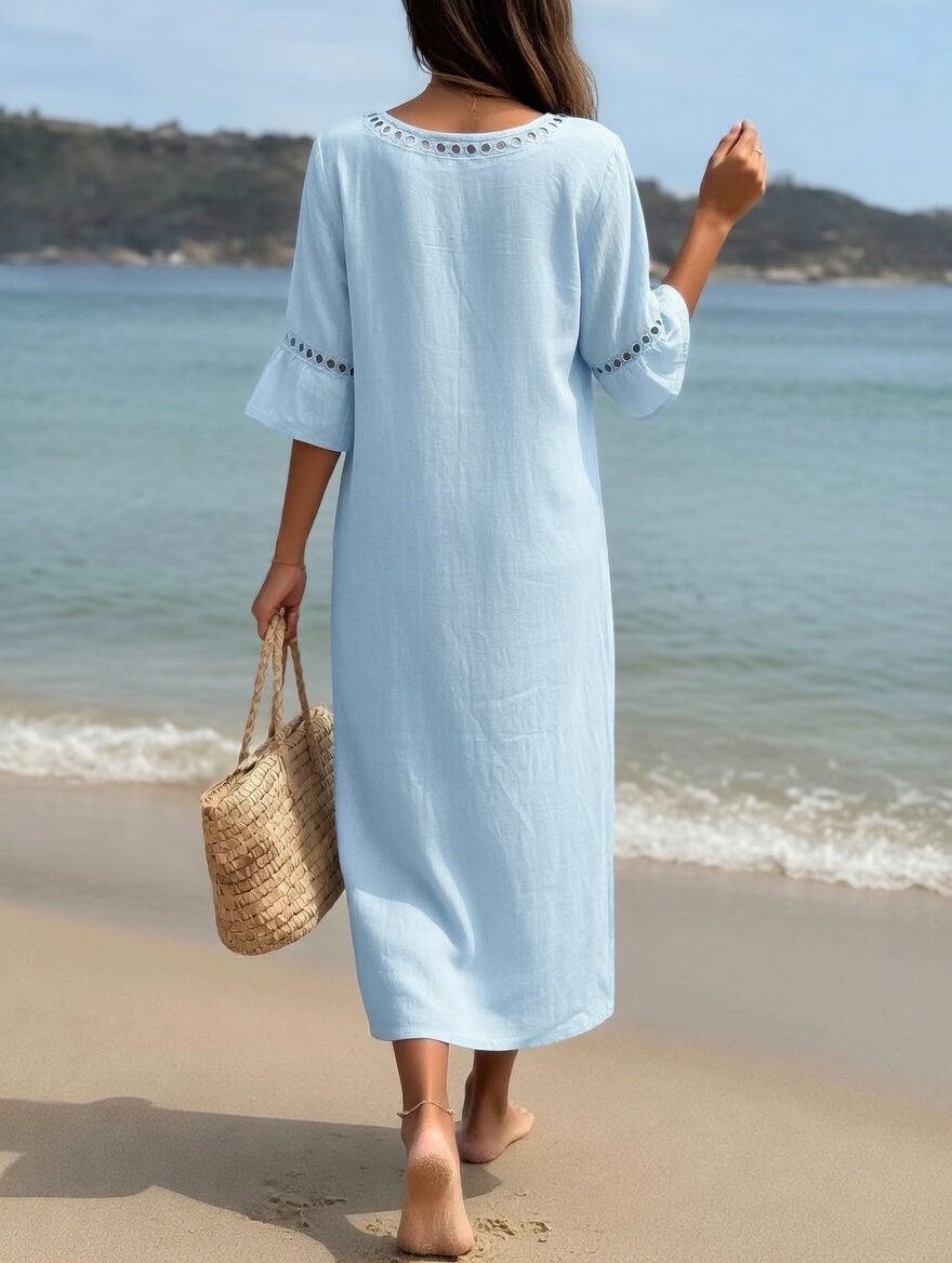 Linen Blend V-Neck Midi Dress