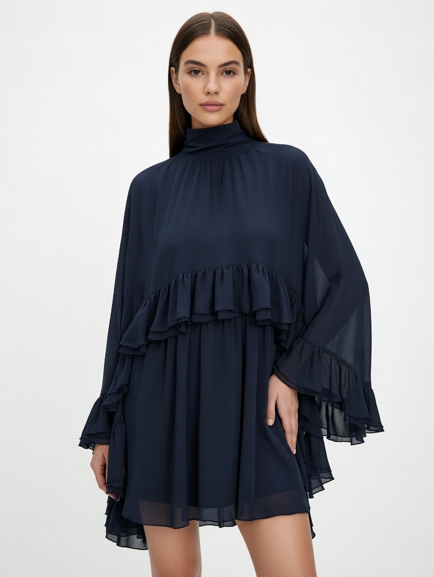 Semi-Sheer Chiffon Ruffle Dress With Outer Cape