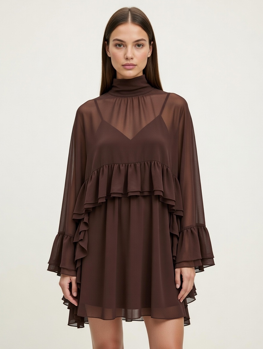 Semi-Sheer Chiffon Ruffle Dress With Outer Cape