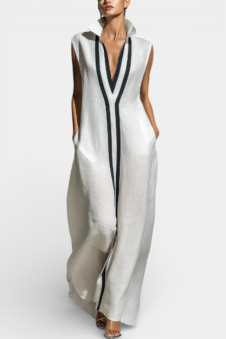 Graphic Sleeveless Maxi Jumpsuit with Contrasting Trim