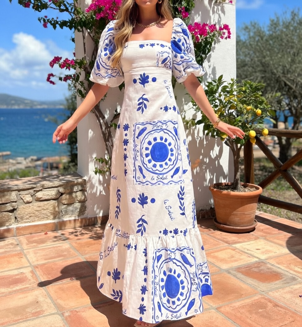 Linen Blend Unique Print Square Neck Bubble Sleeve Maxi Dress