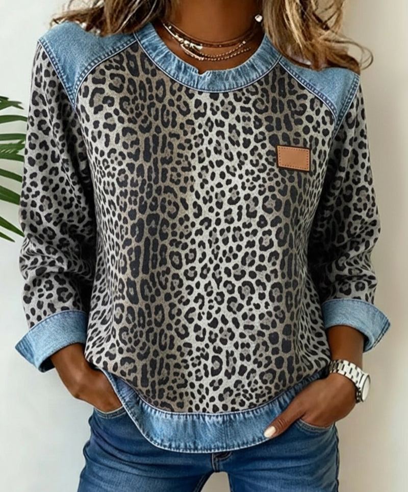 Leopard Print Denim Patchwork Sweatshirt
