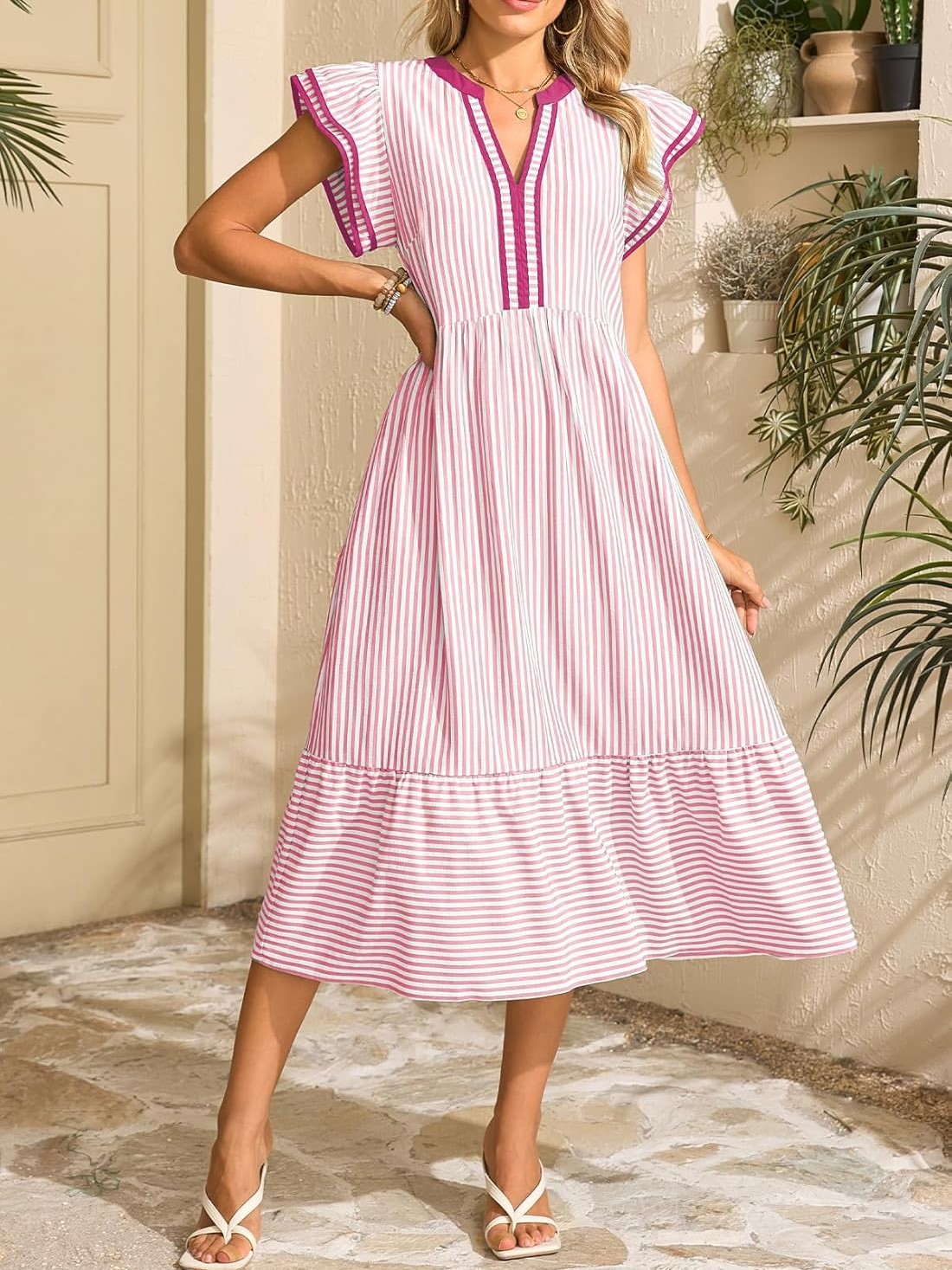 Women's Striped V-Neck Flutter Sleeve Long Dress (Buy 2 Free Shipping)