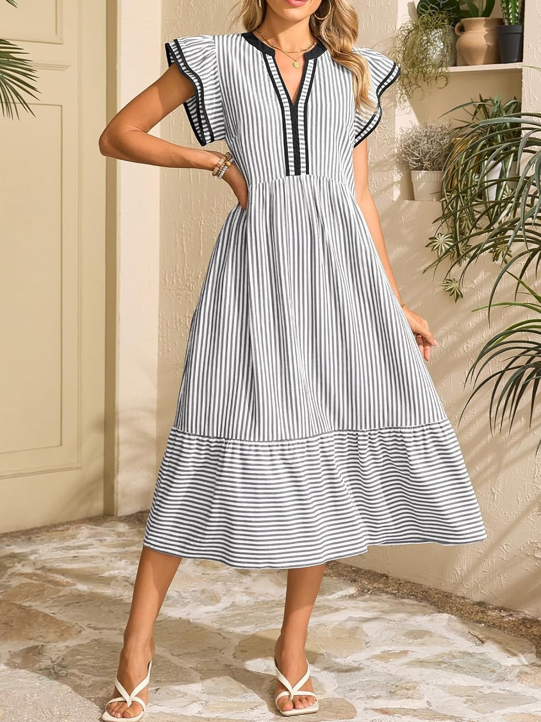 Women's Striped V-Neck Flutter Sleeve Long Dress (Buy 2 Free Shipping)