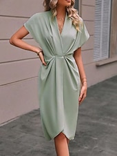 Women's Casual Dress Midi Dress Ruched Date Vacation Streetwear Basic V Neck Short Sleeve Black Pink Dark Green Color