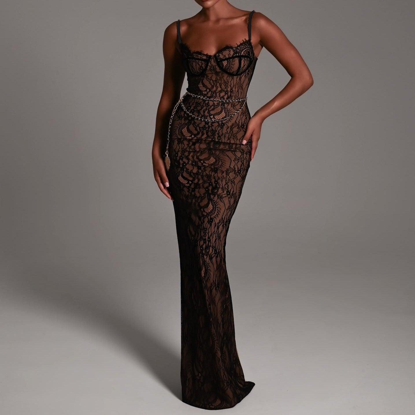 Lovely Lace Backless Black Maxi Dress