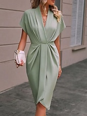Women's Casual Dress Midi Dress Ruched Date Vacation Streetwear Basic V Neck Short Sleeve Black Pink Dark Green Color