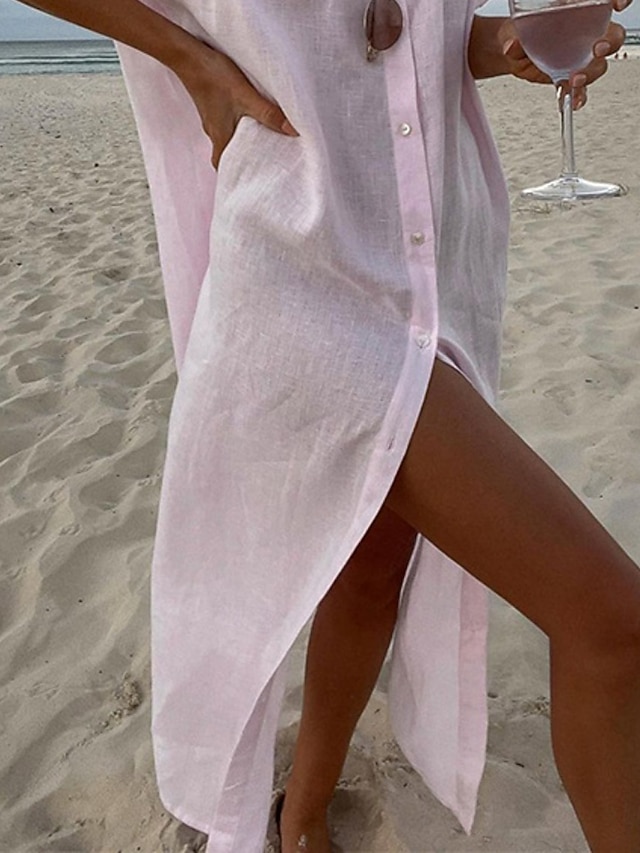 Women's Maxi Dress Cotton Blend Shirt Dress Casual Dress Basic Casual Daily Vacation Regular Fit Plain Long Sleeve Shirt Collar White Light Green Pink Summer