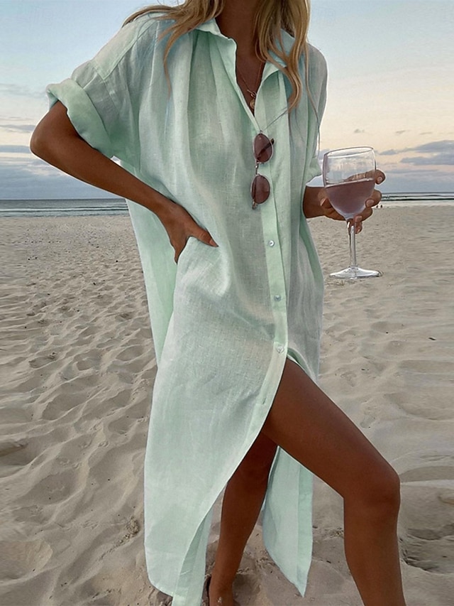 Women's Maxi Dress Cotton Blend Shirt Dress Casual Dress Basic Casual Daily Vacation Regular Fit Plain Long Sleeve Shirt Collar White Light Green Pink Summer