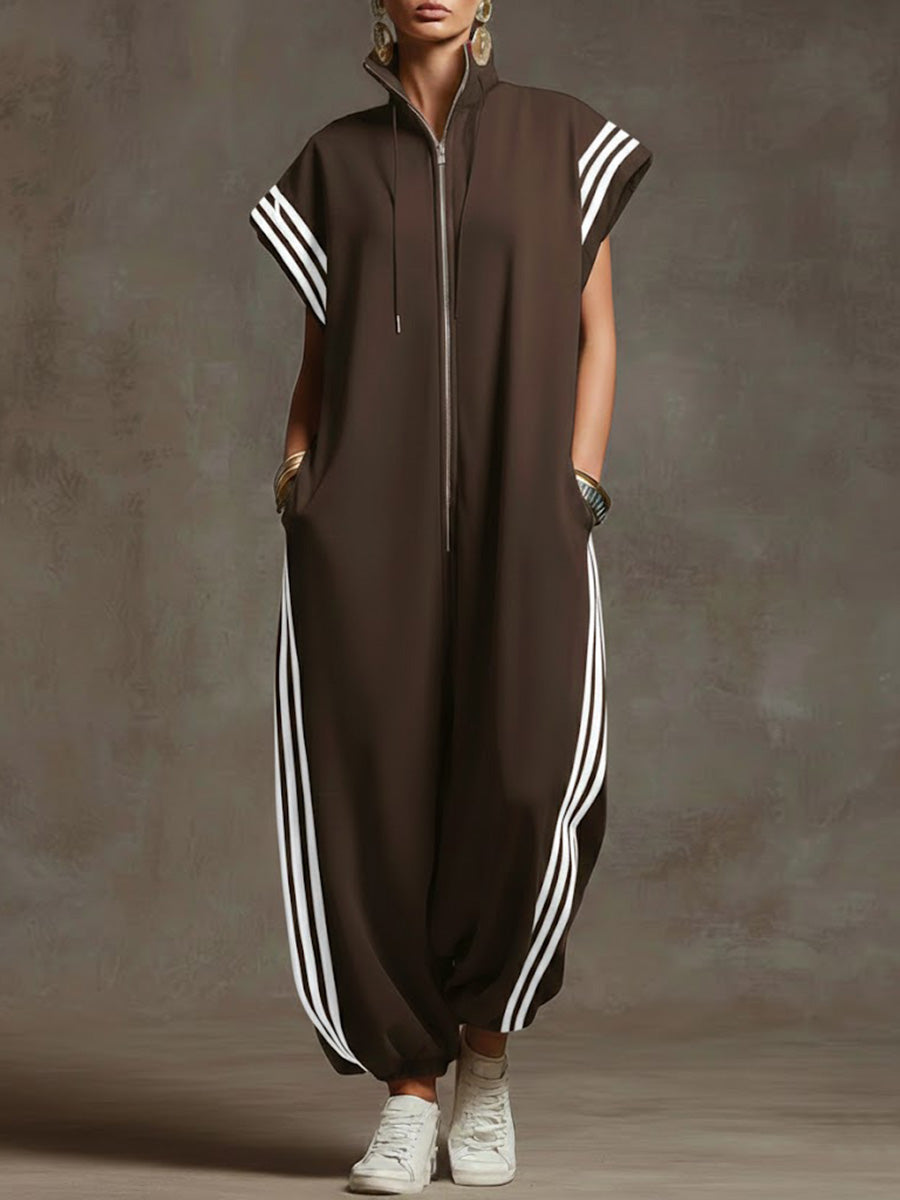 Women's Relaxed Stand-collar Short-sleeved Casual Loose Cotton Wide-leg Jumpsuit