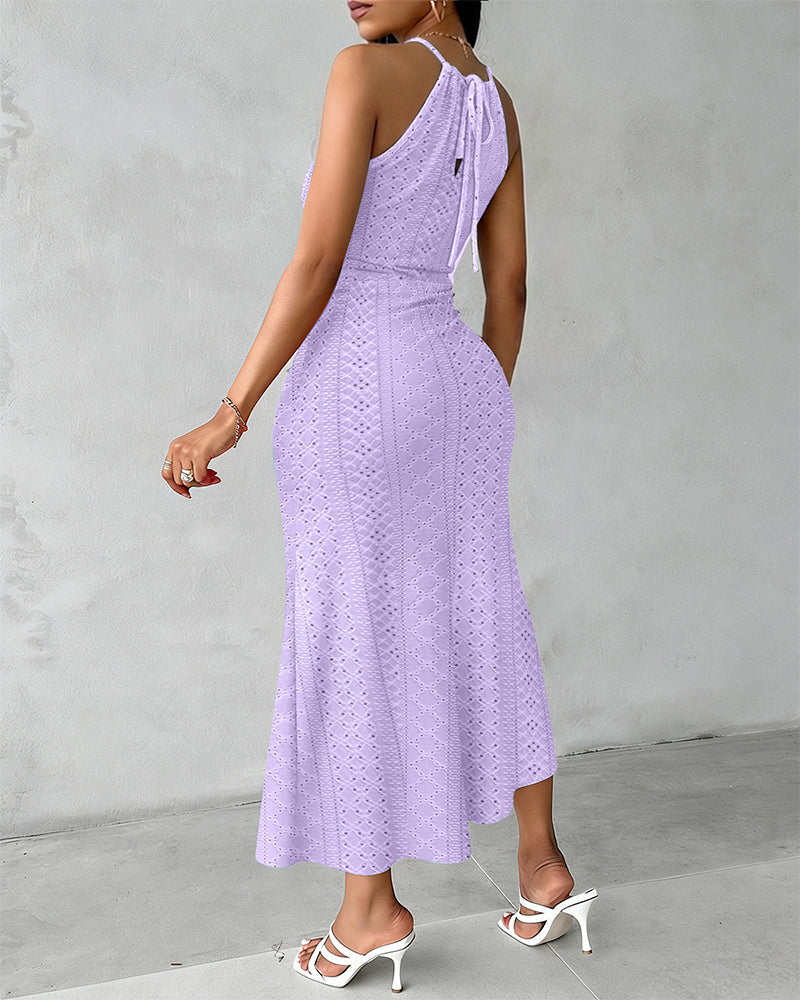 Halter Tie Criss Cross Front Knit Jacquard Textured Slit Dress Casual Hollow-out Draped Vacation Dress